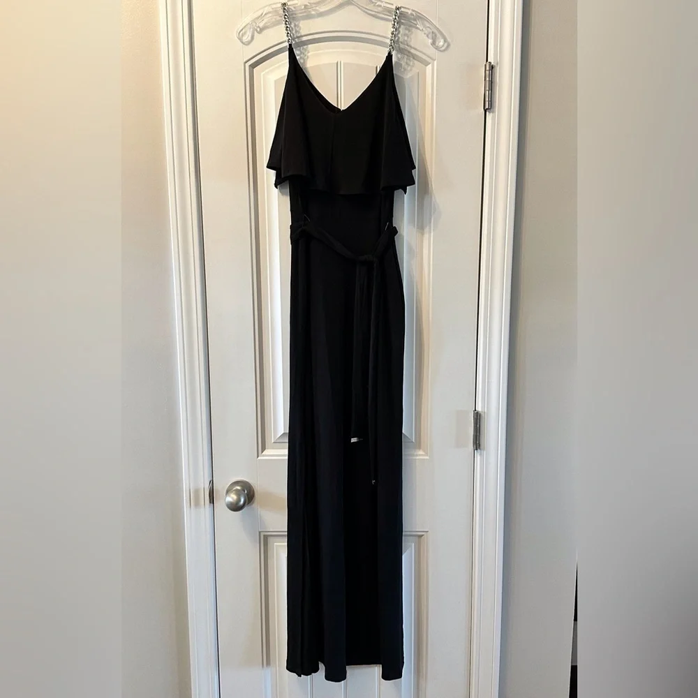 NWT Michael Kors Black Tiered Chain Strap Overlay Maxi Dress Size Small